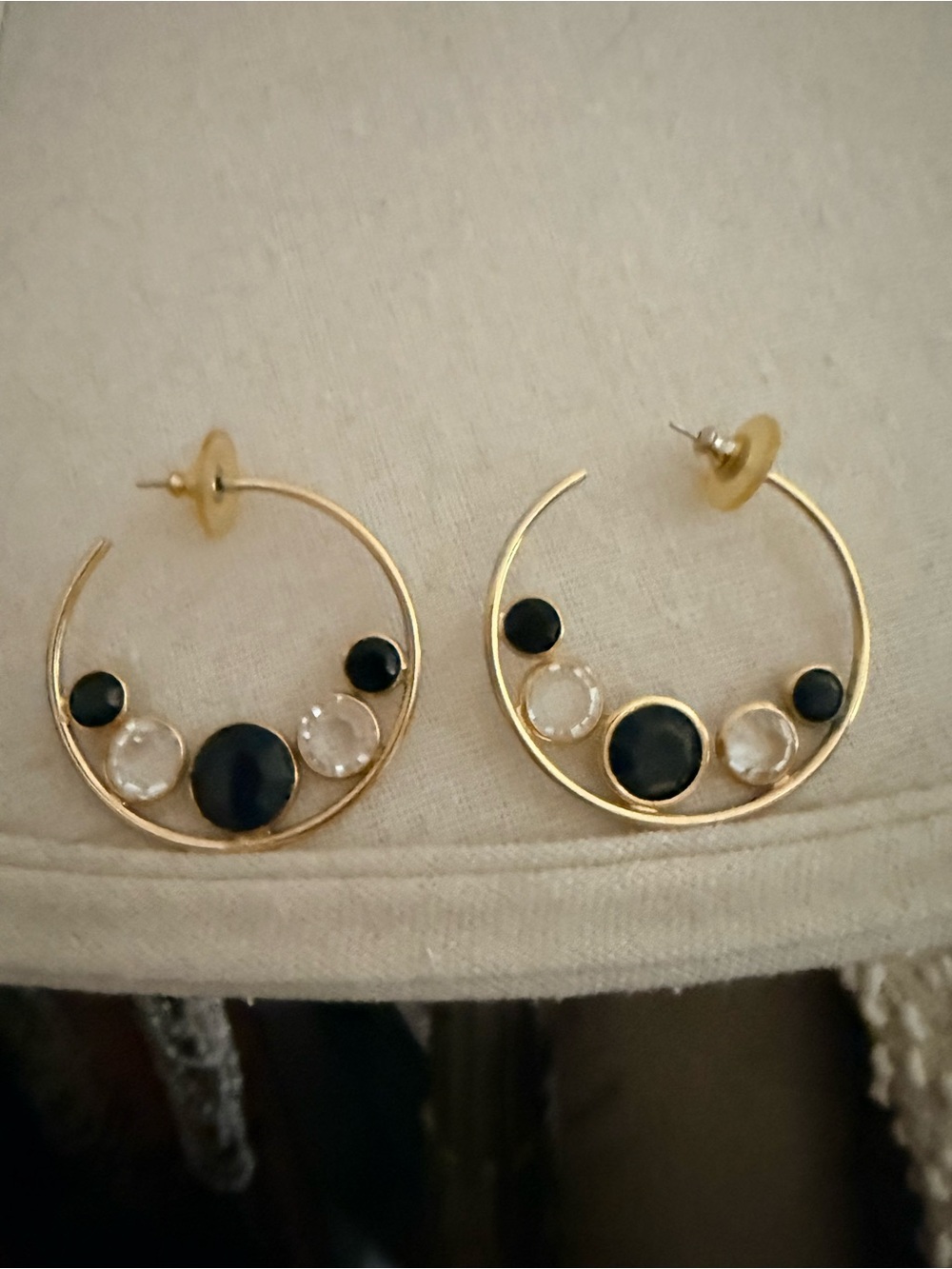 Gold Hoop Earrings with Black and Clear Accents